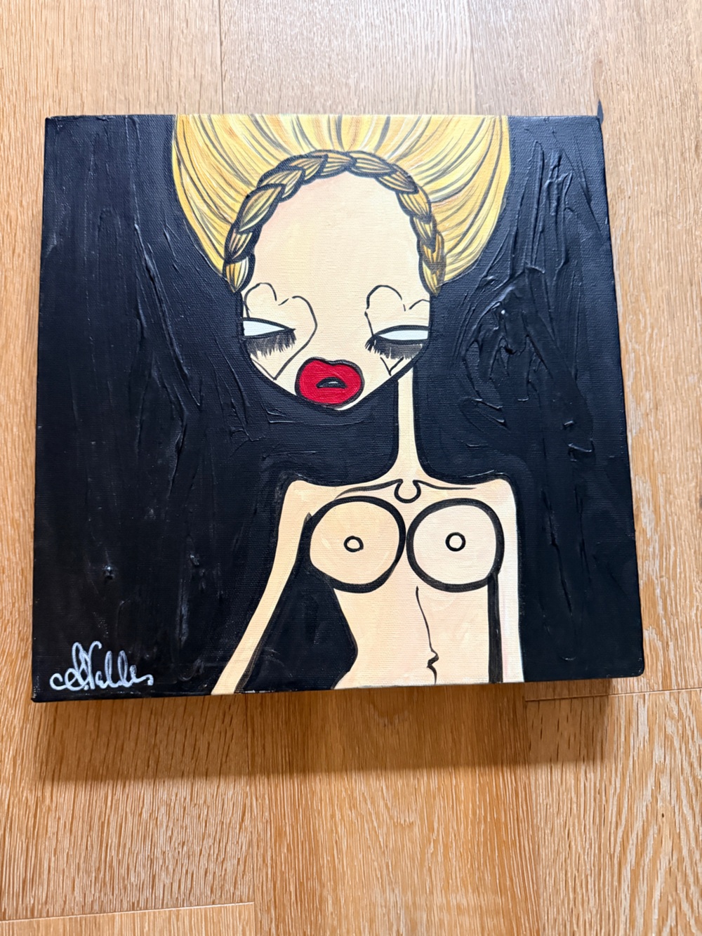 Hand-Painted Blonde Woman Portrait Canvas in Black and Red. Amanda Valdez